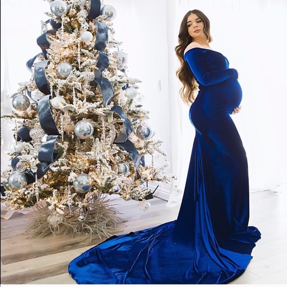 royal blue off the shoulder maternity dress
